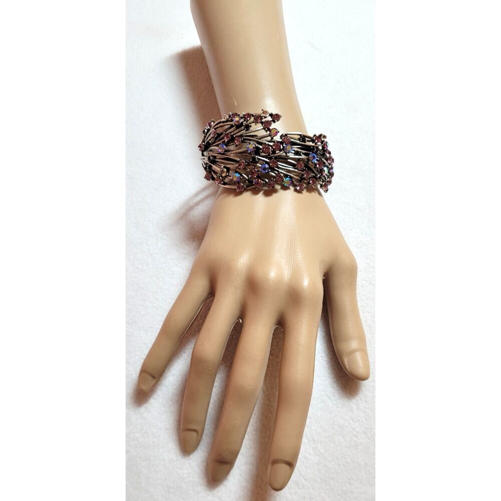 Rhinestone Clamper Bracelet Purple Pink AB Silvertone Metal Boho Fairy Cottage - Picture 5 of 12